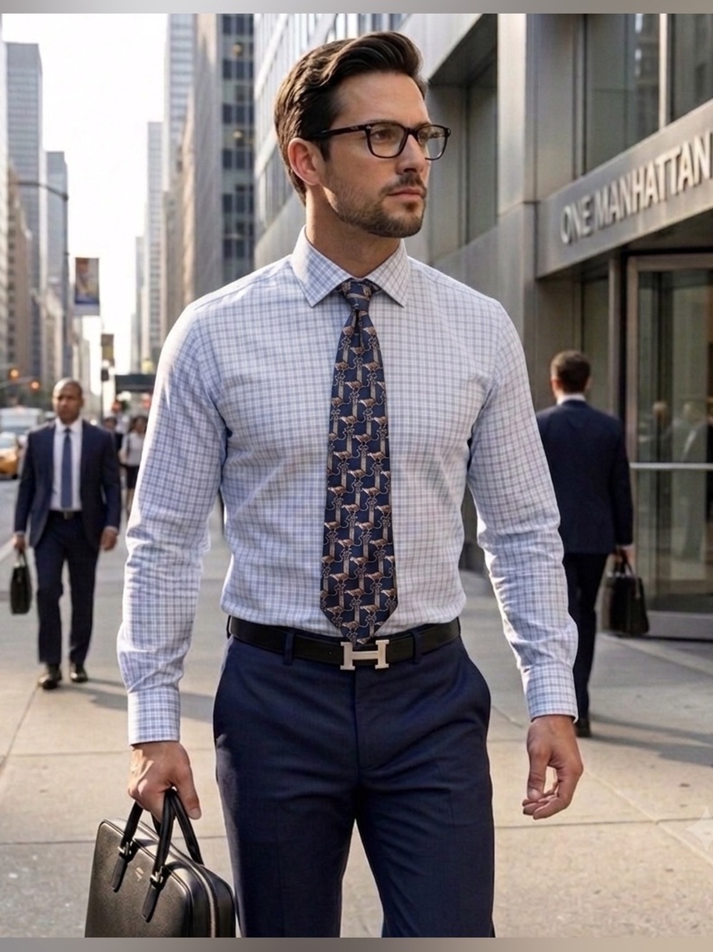 Salvatore Ferragamo Navy Tie with Brown Leopard and Gold Column Motif